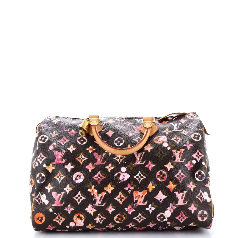Women's Large Leather Shoulder Bag in Brown with Multiple Compartments for WorkSpeedy Handbag Monogram Watercolor Aquarelle 35