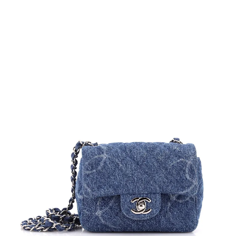 Women's Canvas Shoulder Bag in Navy with Striped Pattern for Beach TripsSquare Classic Single Flap Bag Quilted CC Printed Denim Mini