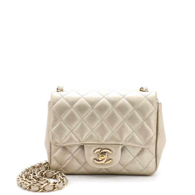 Medium - sized Canvas Crossbody Bag in Beige with Floral Print for Spring OutingsSquare Classic Single Flap Bag Quilted Iridescent Caviar Mini