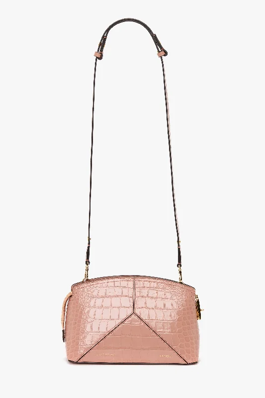 Women's Mini Crossbody Bag in Pink Velvet with Rhinestone Accents for Girls' Nights OutVictoria Crossbody Bag In Blush Pink Croc Embossed Leather
