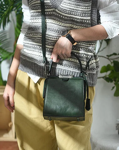 Women's Small Leather Crossbody Bag in Black with Gold Hardware for Evening PartiesWomens Green Leather Doctor Handbag Purses Square Doctor Crossbody Purse for Women